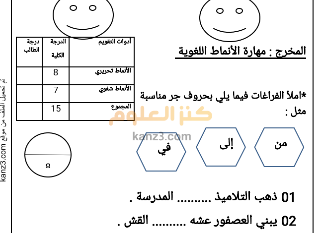 انشطة تقييمية في مادة اللغة العربية للصف الاول الفصل الثاني