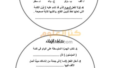انشطة املاء للغة العربية للصف التاسع الفصل الثاني