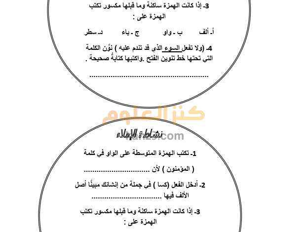 انشطة املاء للغة العربية للصف التاسع الفصل الثاني