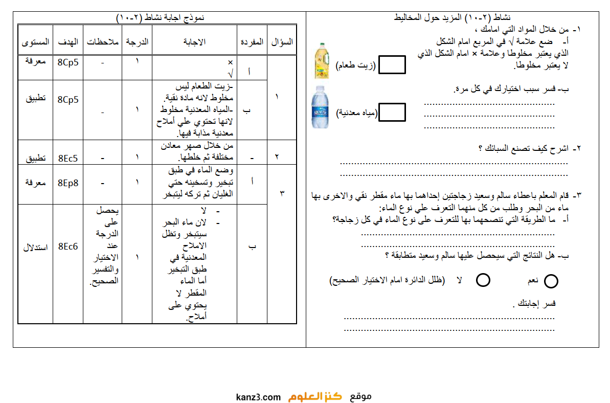 نشاط 2-10 المزيد حول المخاليط مع الاجابة لمادة العلوم للصف الثامن ...